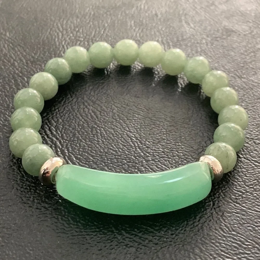 Men’s Green Beaded Stretch Bracelet, Faux Aventurine